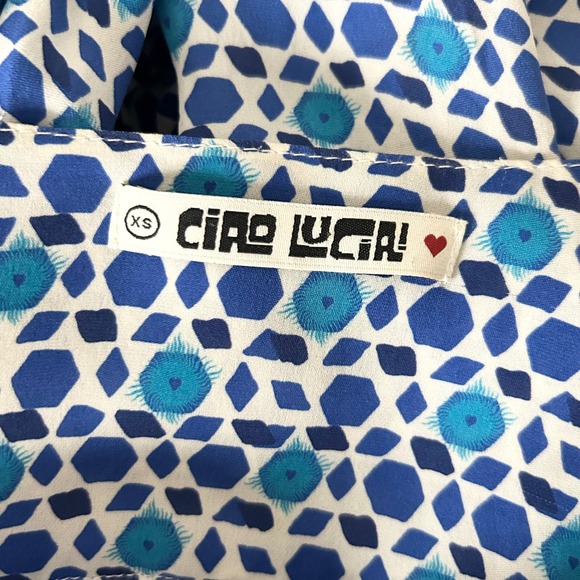 Ciao Lucia Blue White Silk Geometric Peplum Blouse V-Neck Long Sleeve Size XS - Picture 4 of 5